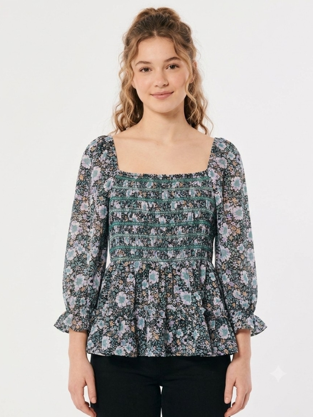 American Eagle Outfitters Floral Smocked Peplum Top - Green/Black/Lavender